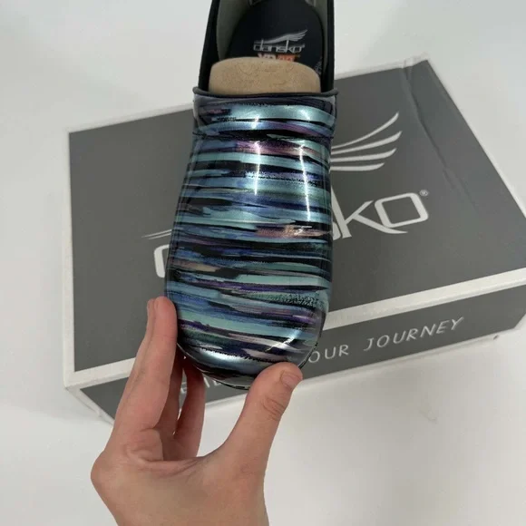 NIB Dansko Teal Striped patent leather slip on clogs multi sizes - Picture 5 of 6